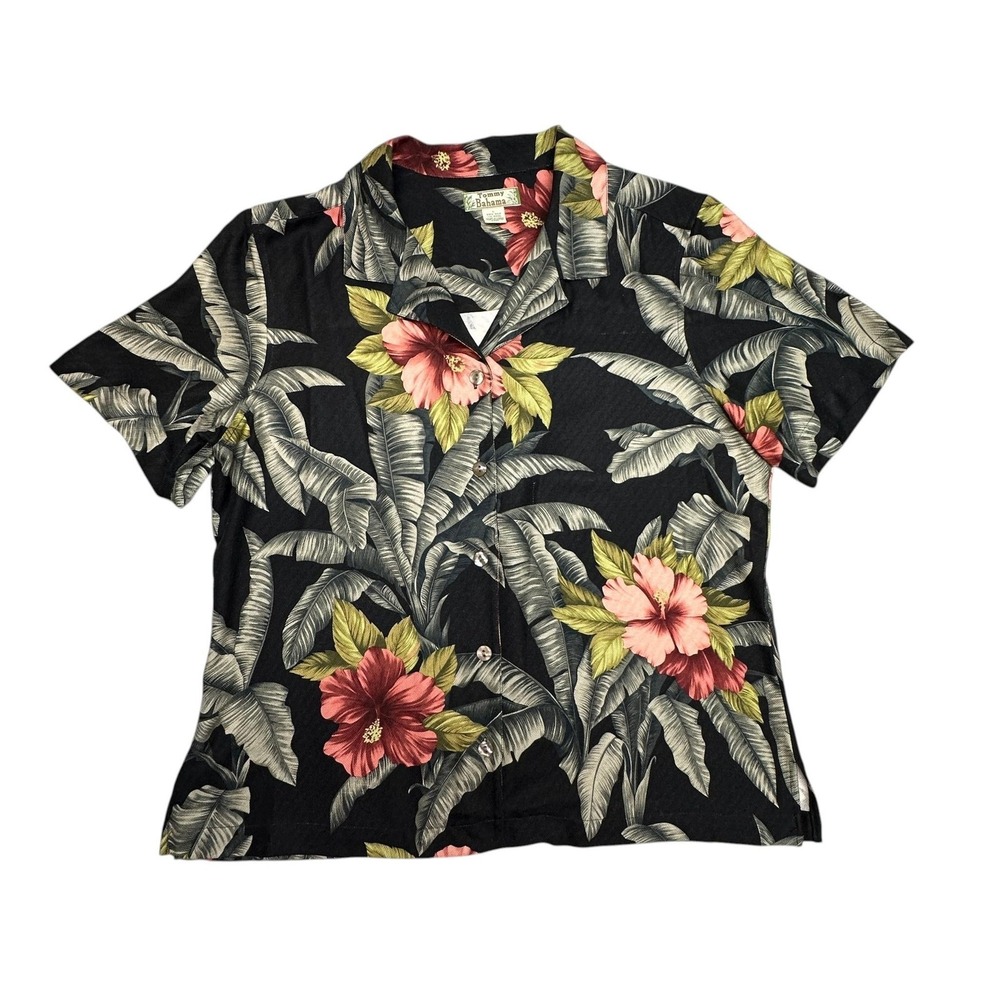 Tommy Bahama Shirt‎ Womens Large Black Floral Hawaiian Aloha Silk Wool Button Up